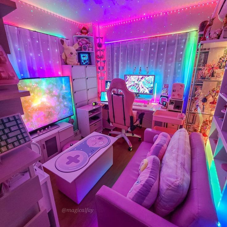Bright, modern gaming room with a wide monitor and warm pink-blue lighting