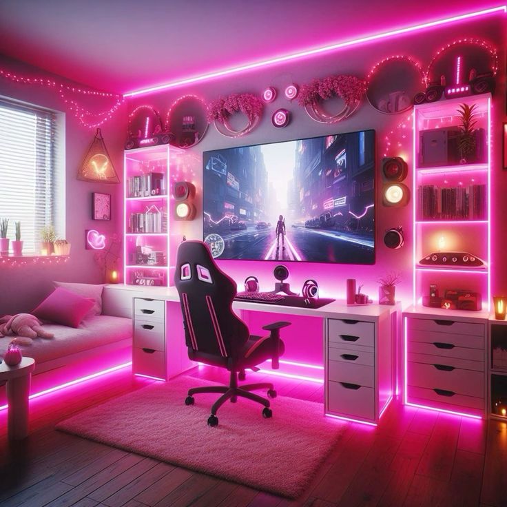 Cozy late-night gaming setup with a monitor glowing in soft pink and blue light